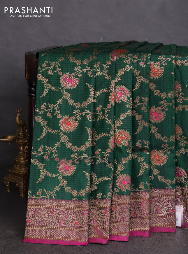 Banarasi handloom dupion silk saree green and purple with allover thread & zari weaves floral weaves and woven border