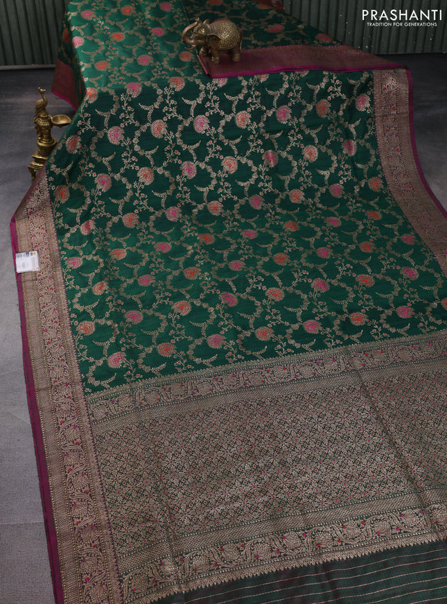 Banarasi handloom dupion silk saree green and purple with allover thread & zari weaves floral weaves and woven border