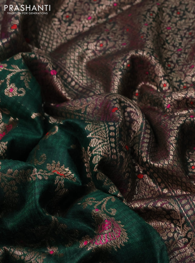 Banarasi handloom dupion silk saree green and purple with allover thread & zari weaves floral weaves and woven border
