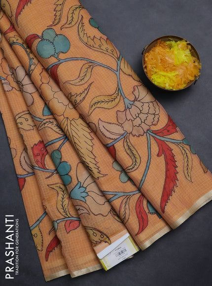 Kota saree orange with kalamkari applique work and zari woven piping border