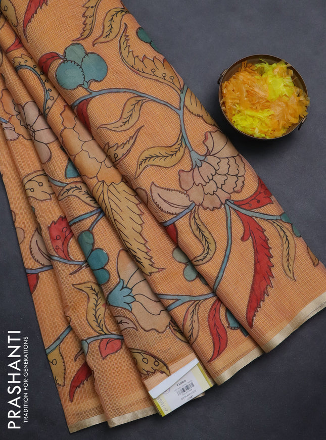 Kota saree orange with kalamkari applique work and zari woven piping border
