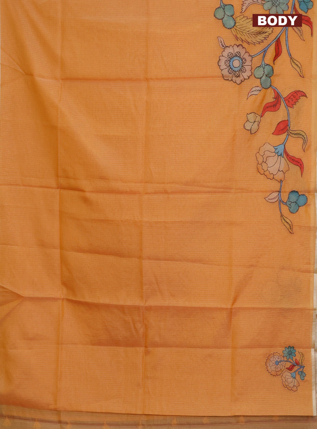 Kota saree orange with kalamkari applique work and zari woven piping border