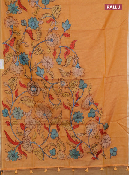 Kota saree orange with kalamkari applique work and zari woven piping border