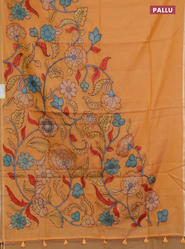 Kota saree orange with kalamkari applique work and zari woven piping border