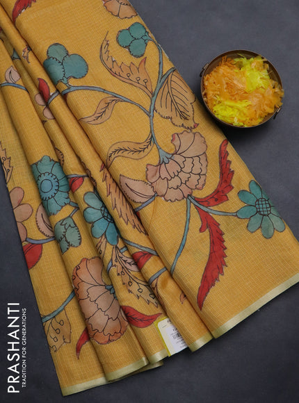 Kota saree mustard yellow with kalamkari applique work and zari woven piping border