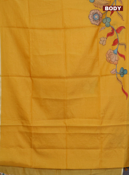 Kota saree mustard yellow with kalamkari applique work and zari woven piping border