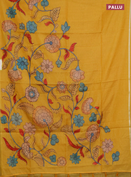 Kota saree mustard yellow with kalamkari applique work and zari woven piping border