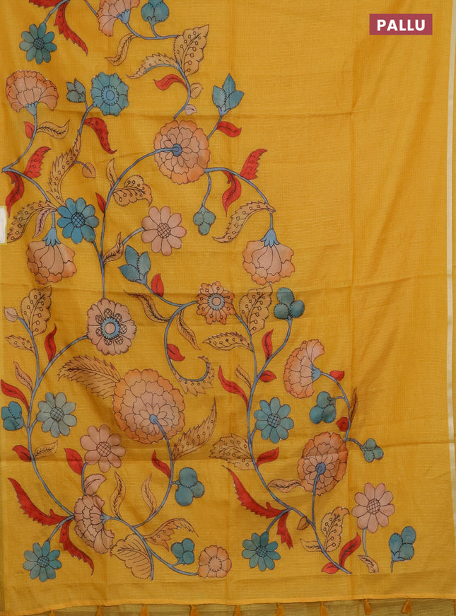 Kota saree mustard yellow with kalamkari applique work and zari woven piping border