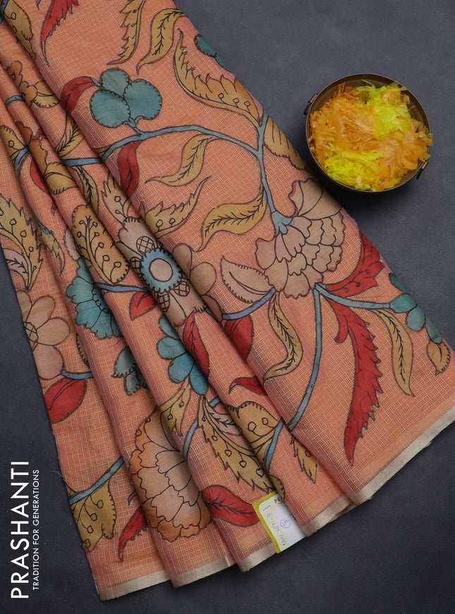 Kota saree pale orange with kalamkari applique work and zari woven piping border