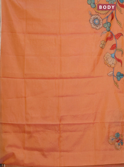 Kota saree pale orange with kalamkari applique work and zari woven piping border