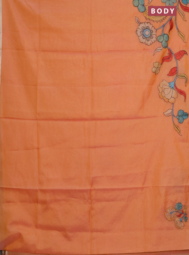 Kota saree pale orange with kalamkari applique work and zari woven piping border