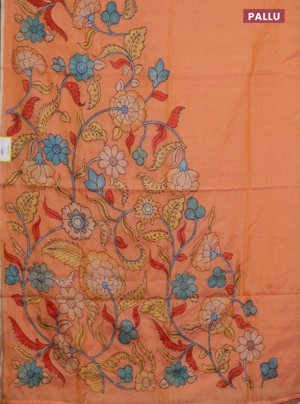 Kota saree pale orange with kalamkari applique work and zari woven piping border
