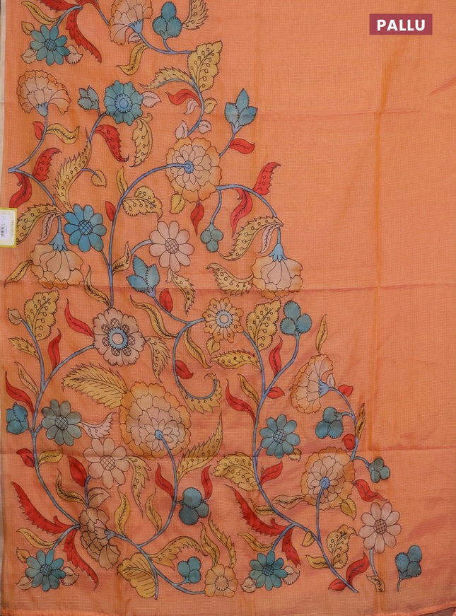 Kota saree pale orange with kalamkari applique work and zari woven piping border