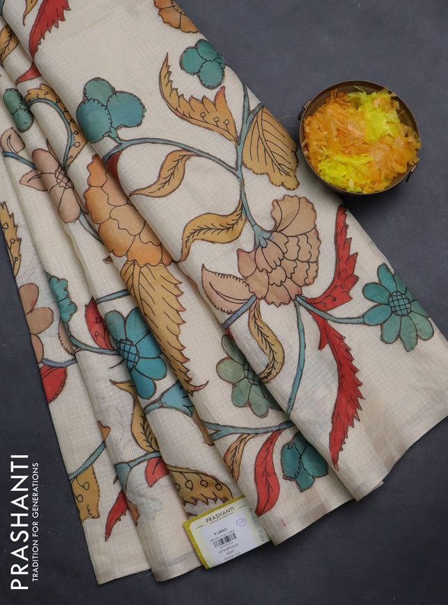 Kota saree cream with kalamkari applique work and zari woven piping border