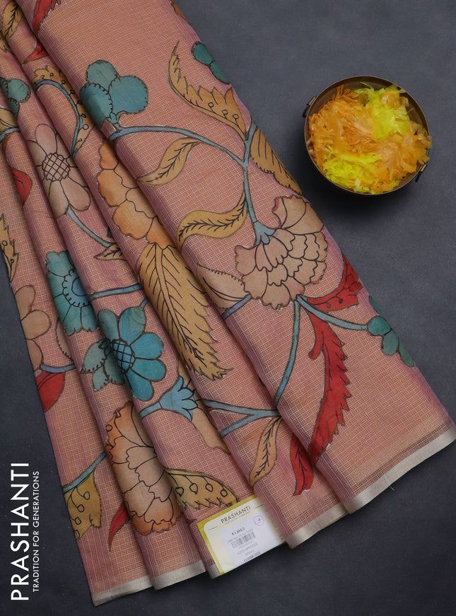 Kota saree dual shade of pastel peach with kalamkari applique work and zari woven piping border