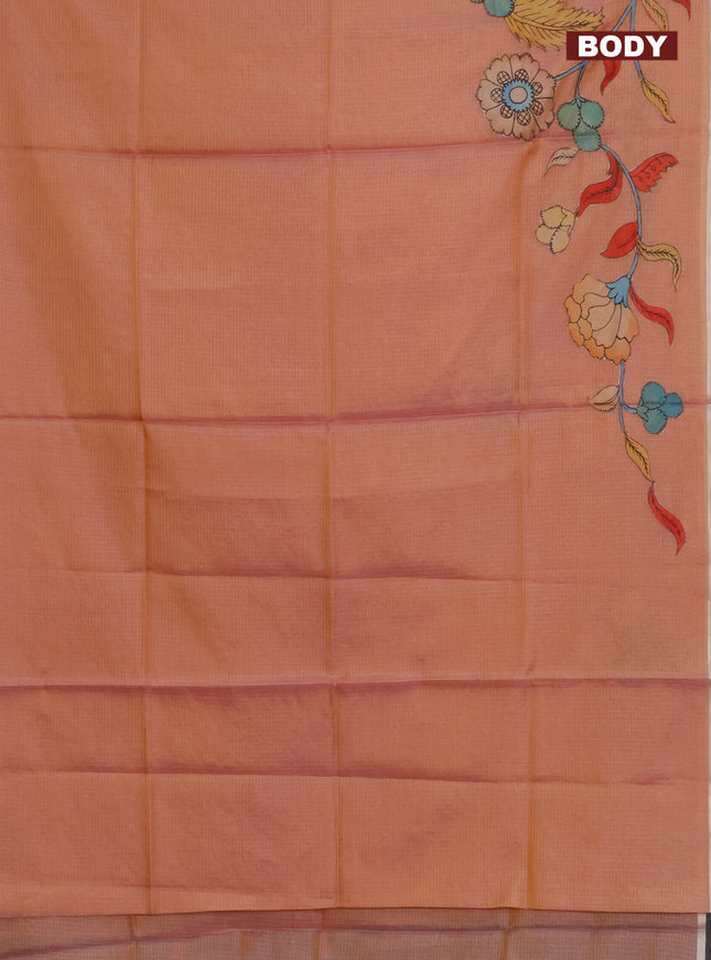 Kota saree dual shade of pastel peach with kalamkari applique work and zari woven piping border