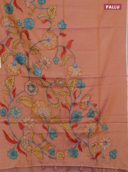 Kota saree dual shade of pastel peach with kalamkari applique work and zari woven piping border