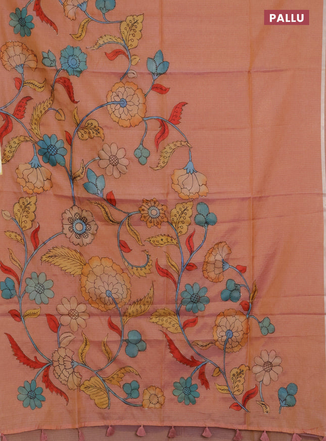 Kota saree dual shade of pastel peach with kalamkari applique work and zari woven piping border