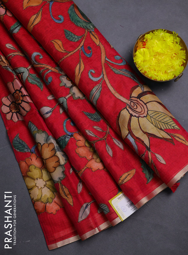 Kota saree pink with kalamkari applique work and zari woven piping border