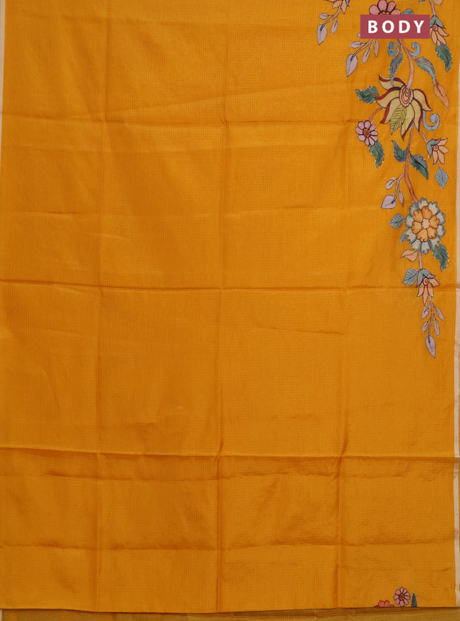 Kota saree mustard yellow with kalamkari applique work and zari woven piping border