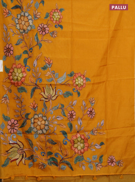 Kota saree mustard yellow with kalamkari applique work and zari woven piping border