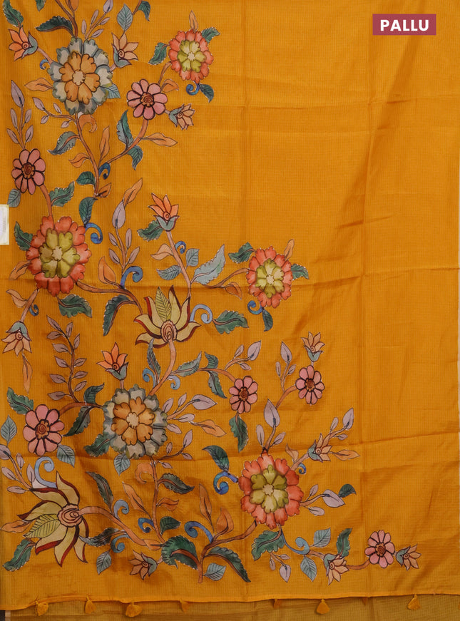 Kota saree mustard yellow with kalamkari applique work and zari woven piping border