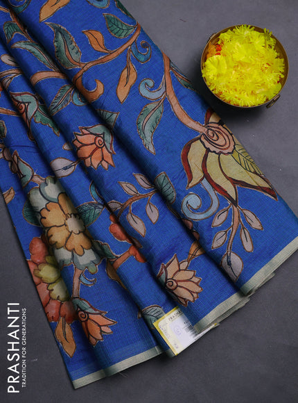 Kota saree dual shade of blue with kalamkari applique work and zari woven piping border