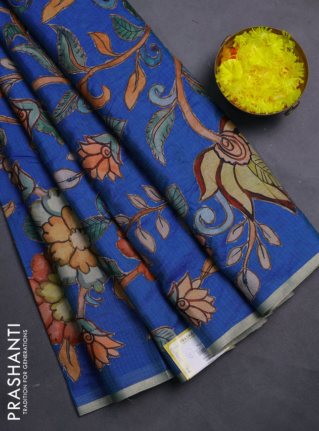 Kota saree dual shade of blue with kalamkari applique work and zari woven piping border