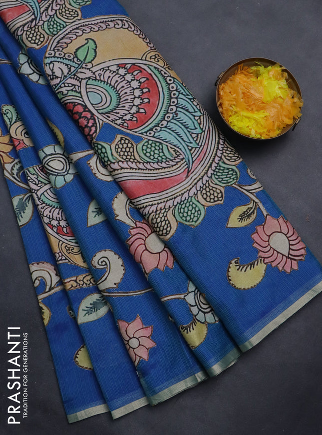 Kota saree dual shade of blue with kalamkari applique work and zari woven piping border