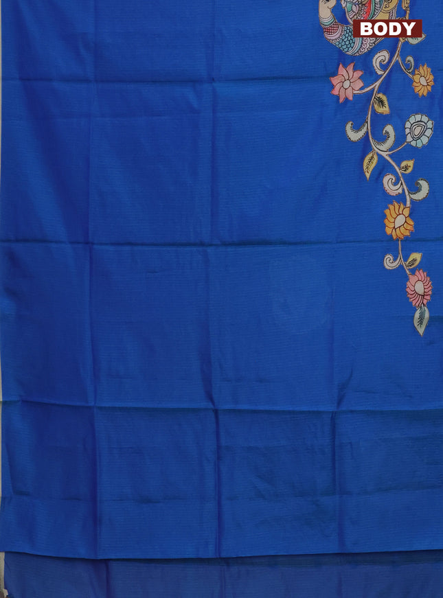 Kota saree dual shade of blue with kalamkari applique work and zari woven piping border