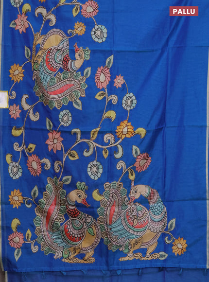Kota saree dual shade of blue with kalamkari applique work and zari woven piping border