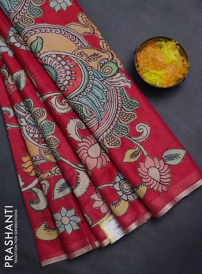Kota saree dark pink with kalamkari applique work and zari woven piping border
