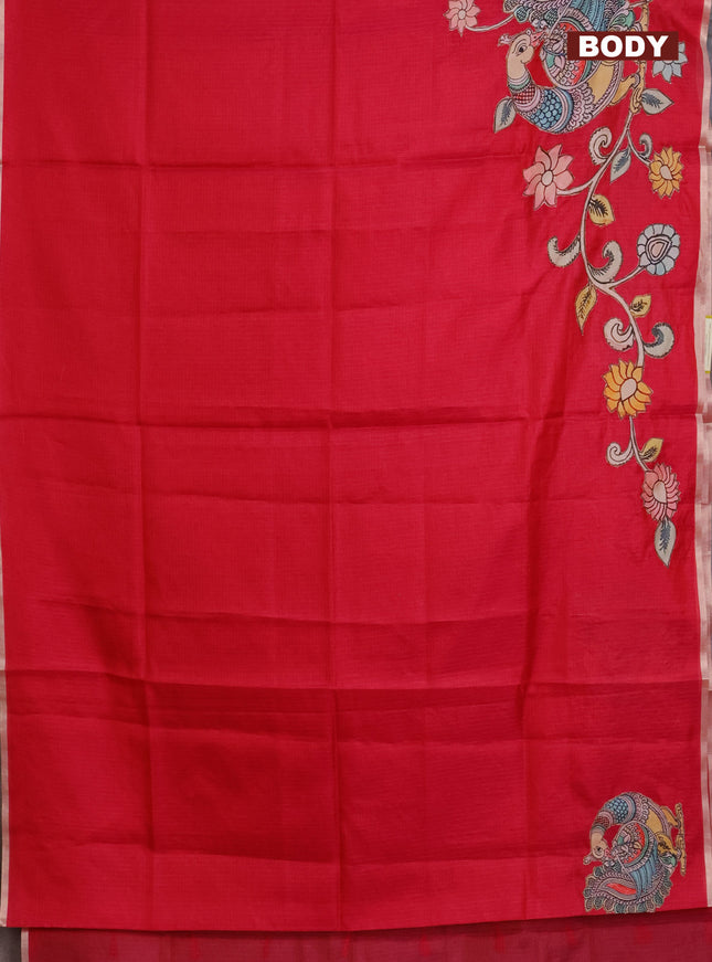 Kota saree dark pink with kalamkari applique work and zari woven piping border