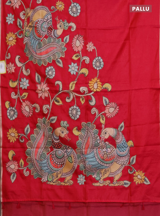 Kota saree dark pink with kalamkari applique work and zari woven piping border