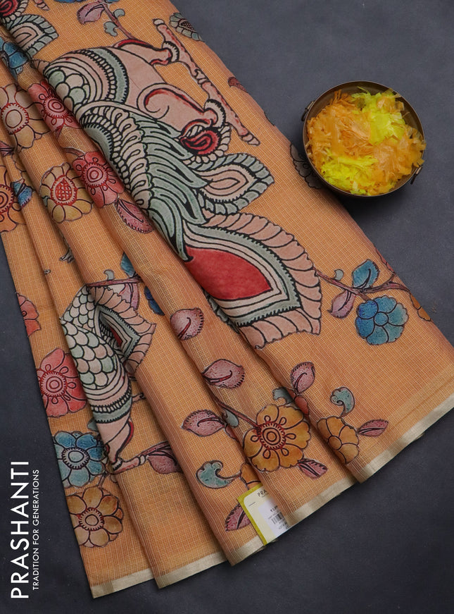 Kota saree orange with kalamkari applique work and zari woven piping border