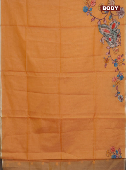 Kota saree orange with kalamkari applique work and zari woven piping border