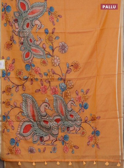 Kota saree orange with kalamkari applique work and zari woven piping border