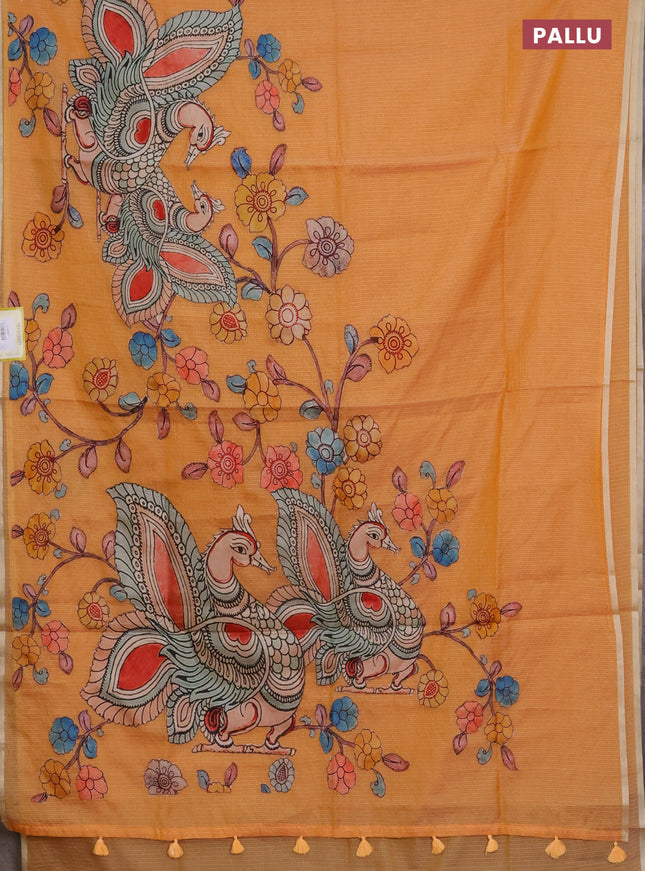 Kota saree orange with kalamkari applique work and zari woven piping border