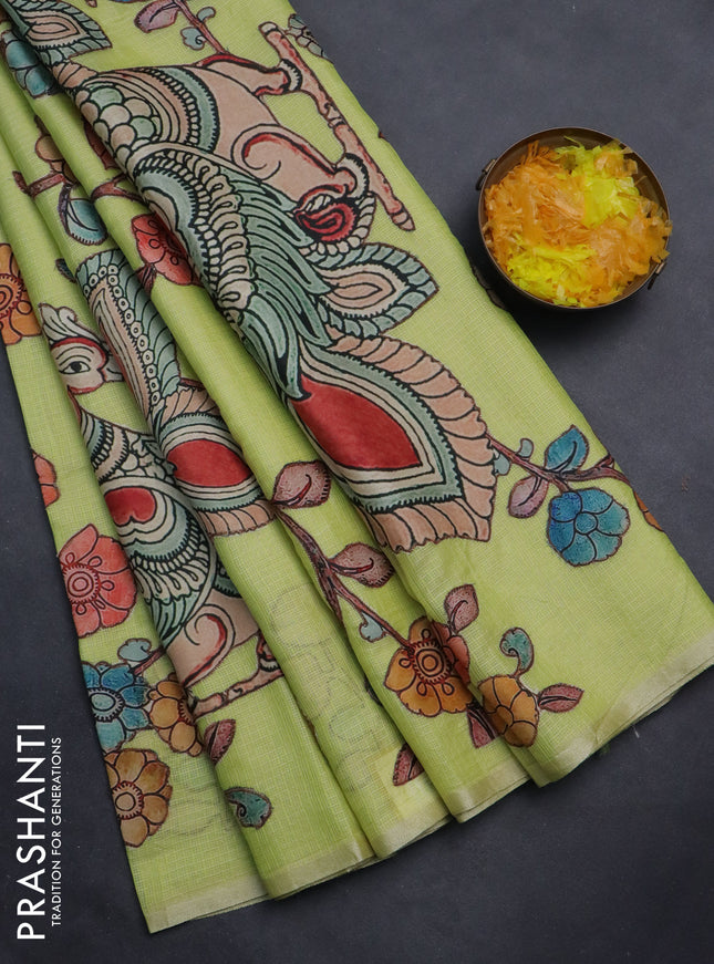 Kota saree pista green with kalamkari applique work and zari woven piping border