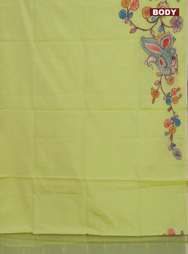 Kota saree pista green with kalamkari applique work and zari woven piping border