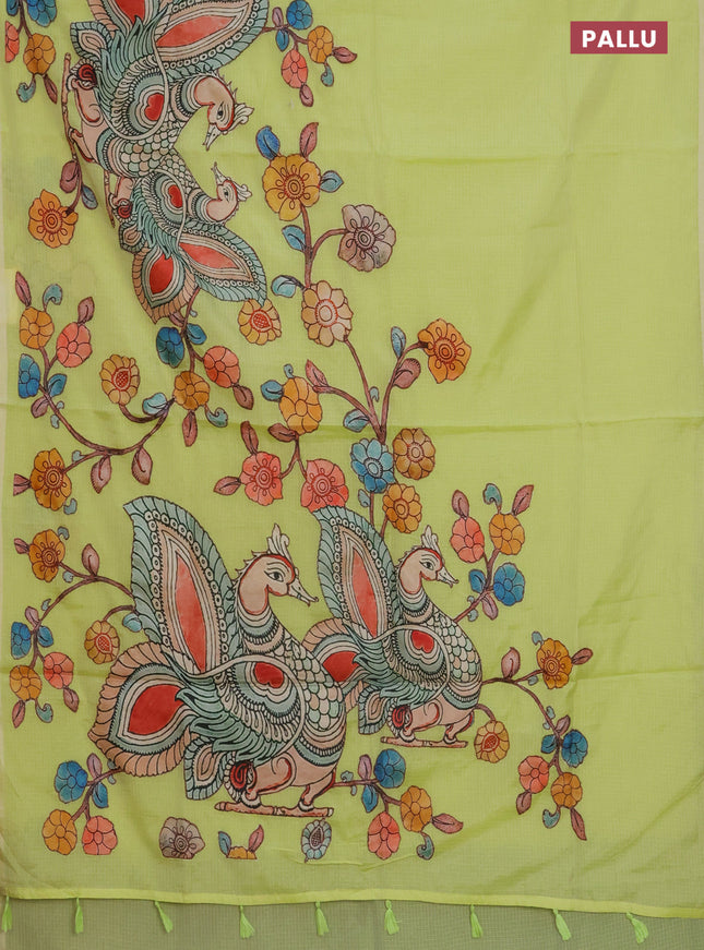 Kota saree pista green with kalamkari applique work and zari woven piping border