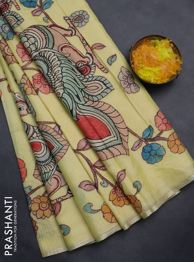 Kota saree pale yellow with kalamkari applique work and zari woven piping border
