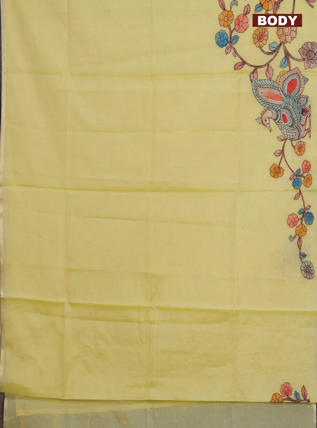 Kota saree pale yellow with kalamkari applique work and zari woven piping border