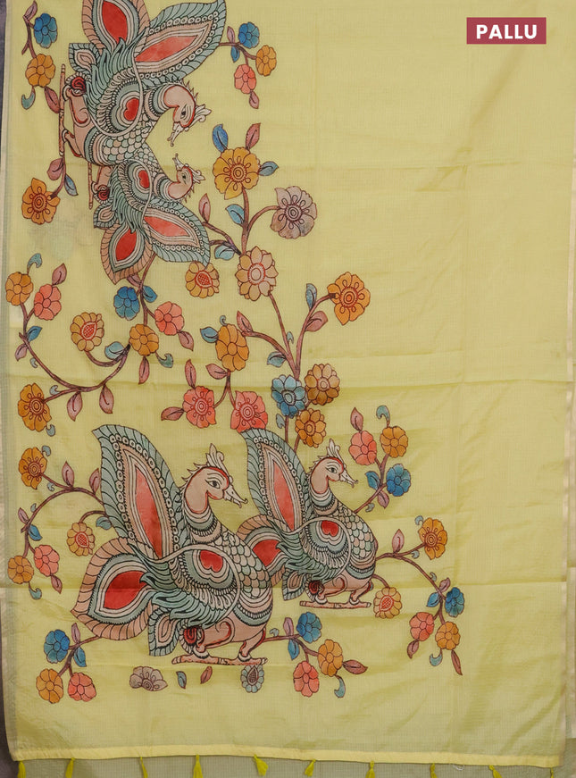 Kota saree pale yellow with kalamkari applique work and zari woven piping border