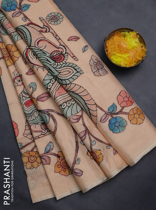 Kota saree sandal with kalamkari applique work and zari woven piping border