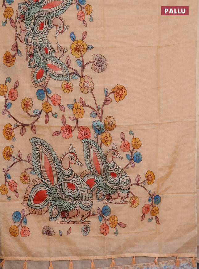 Kota saree sandal with kalamkari applique work and zari woven piping border