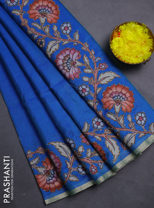 Kota saree bluish green with plain body and kalamkari applique work border