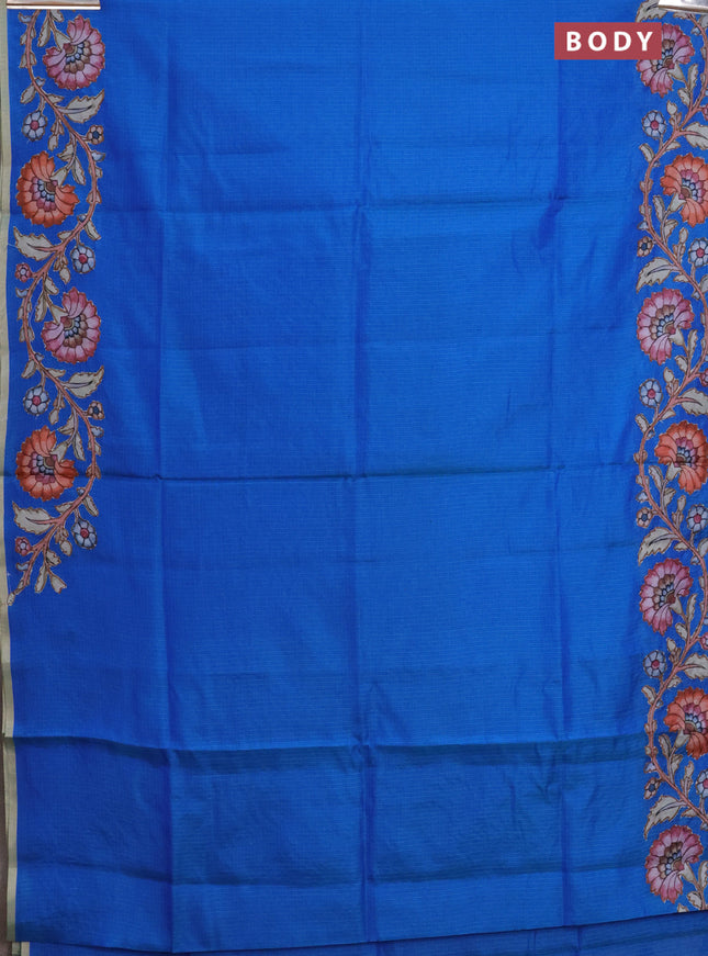 Kota saree bluish green with plain body and kalamkari applique work border
