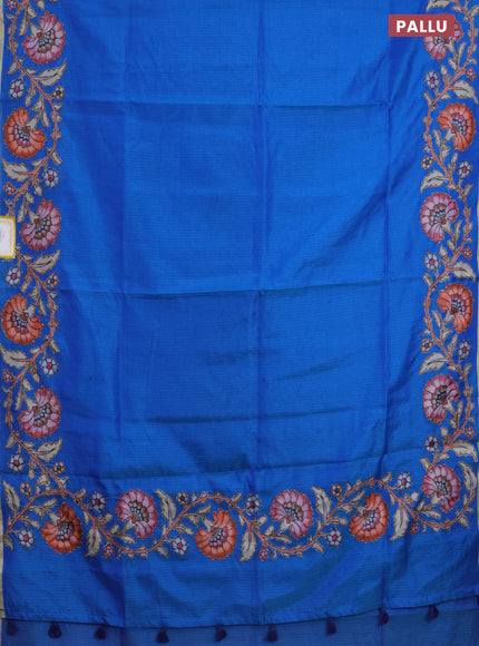 Kota saree bluish green with plain body and kalamkari applique work border