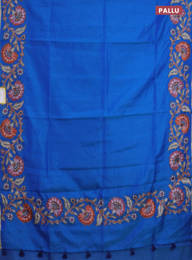 Kota saree bluish green with plain body and kalamkari applique work border